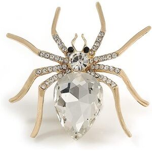 Elegant Statement Clear Crystal Spider Brooch In Gold Tone